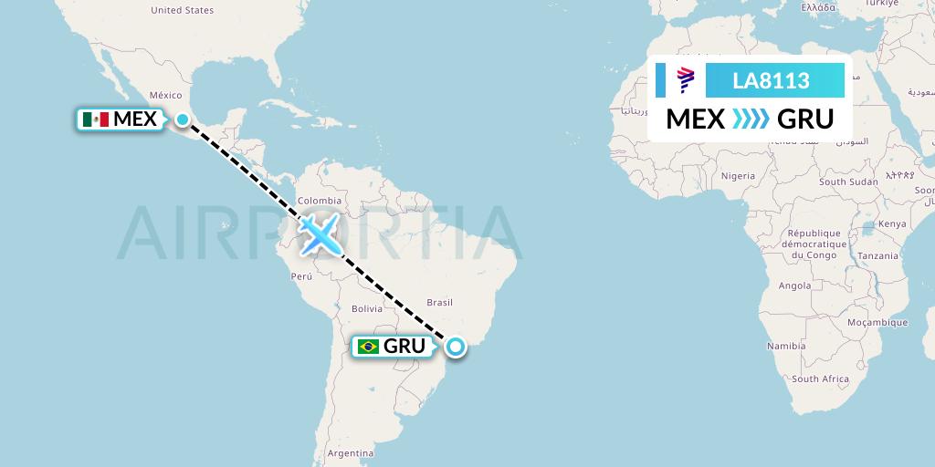 LA8113 LAN Airlines Flight Map: Mexico City to Sao Paulo