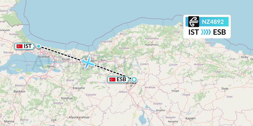 NZ4892 Air New Zealand Flight Map: Istanbul to Ankara