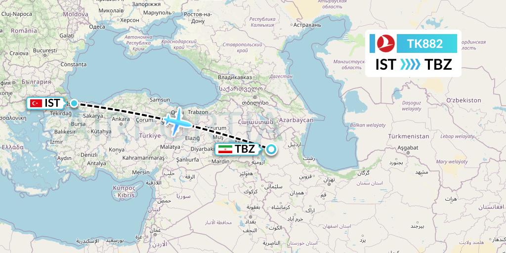 TK882 Turkish Airlines Flight Map: Istanbul to Tabriz