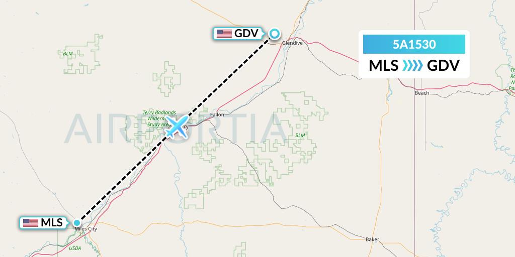 5A1530 Alpine Air Express Flight Map: Miles City to Dawson