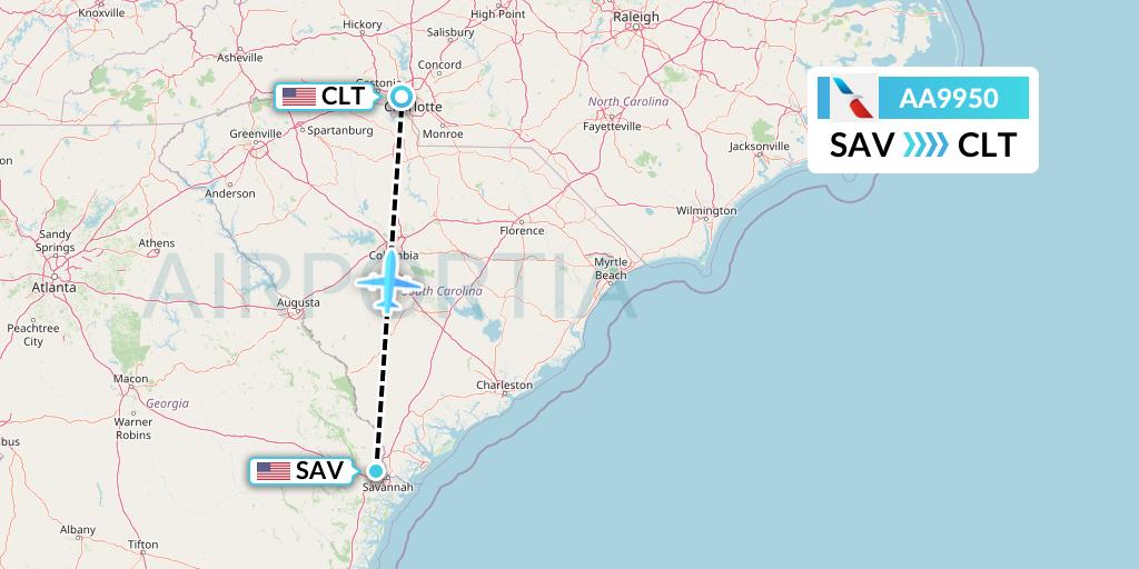 AA9950 American Airlines Flight Map: Savannah to Charlotte