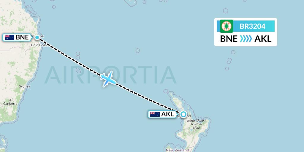 BR3204 EVA Air Flight Map: Brisbane to Auckland