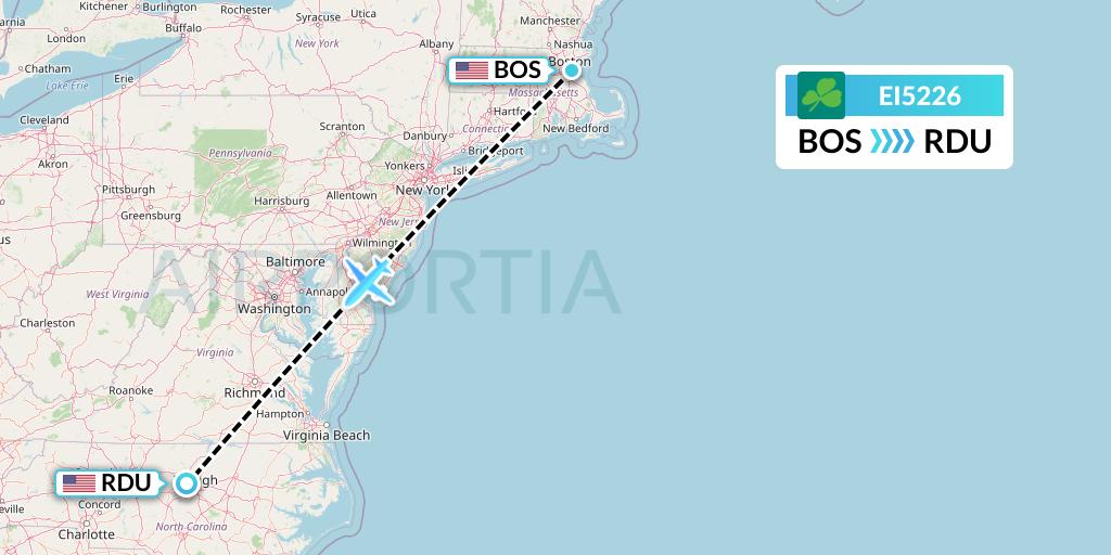 EI5226 Aer Lingus Flight Map: Boston to Raleigh-Durham