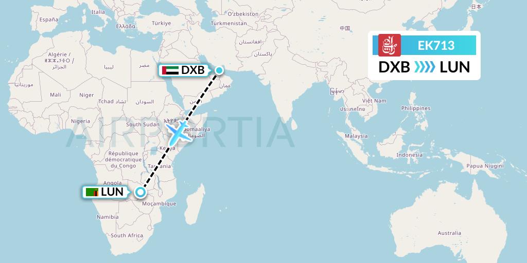 EK713 Emirates Flight Map: Dubai to Lusaka
