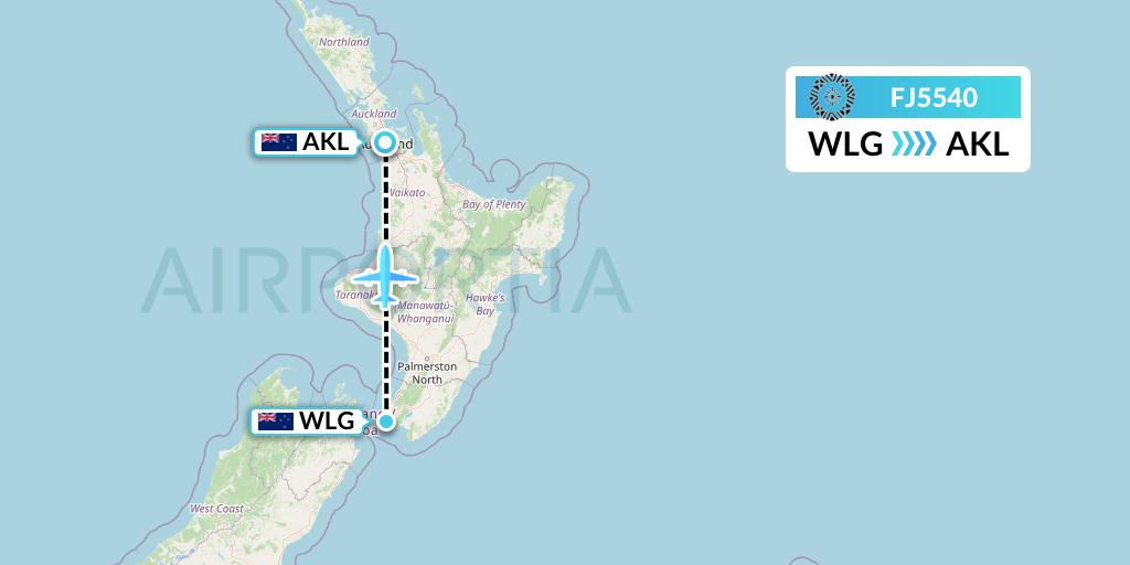 FJ5540 Fiji Airways Flight Map: Wellington to Auckland