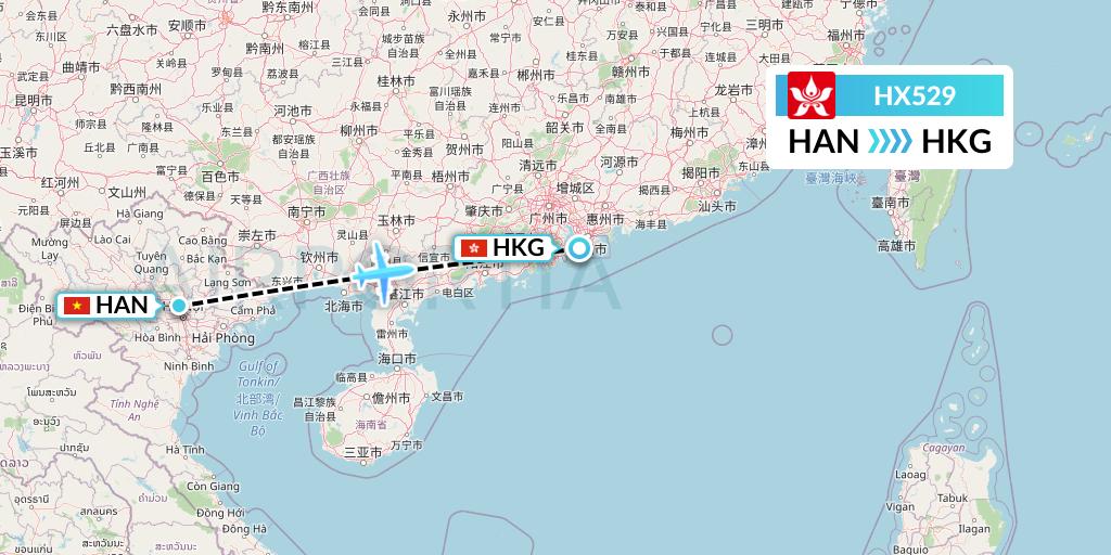 HX529 Hong Kong Airlines Flight Map: Hanoi to Hong Kong