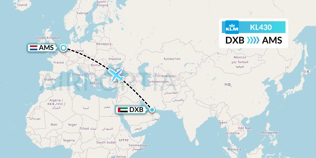 KL430 KLM Flight Map: Dubai to Amsterdam
