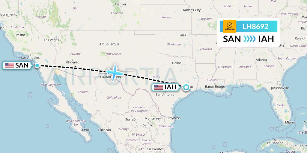 LH8692 Lufthansa Flight Map: San Diego to Houston