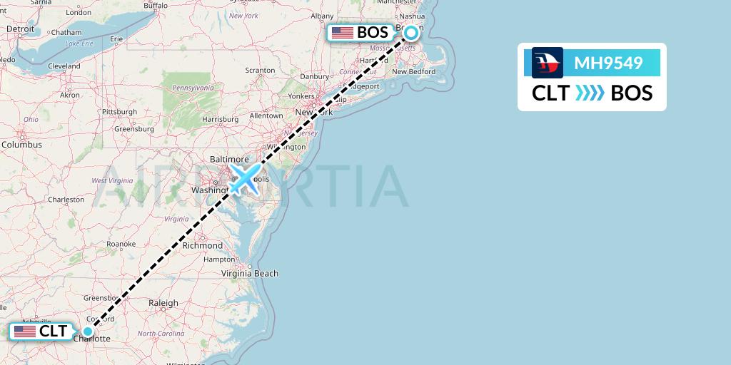 MH9549 Malaysia Airlines Flight Map: Charlotte to Boston