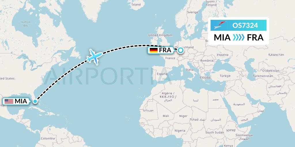 OS7324 Austrian Airlines Flight Map: Miami to Frankfurt