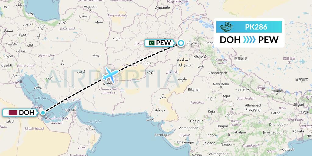 PK286 Pakistan International Airlines Flight Map: Doha to Peshawar