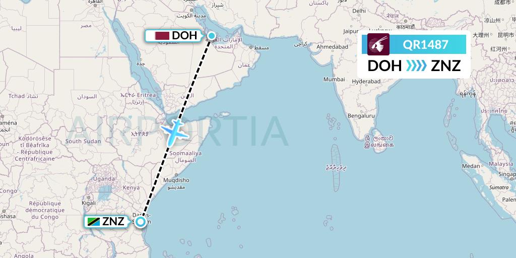 QR1487 Qatar Airways Flight Map: Doha to Zanzibar