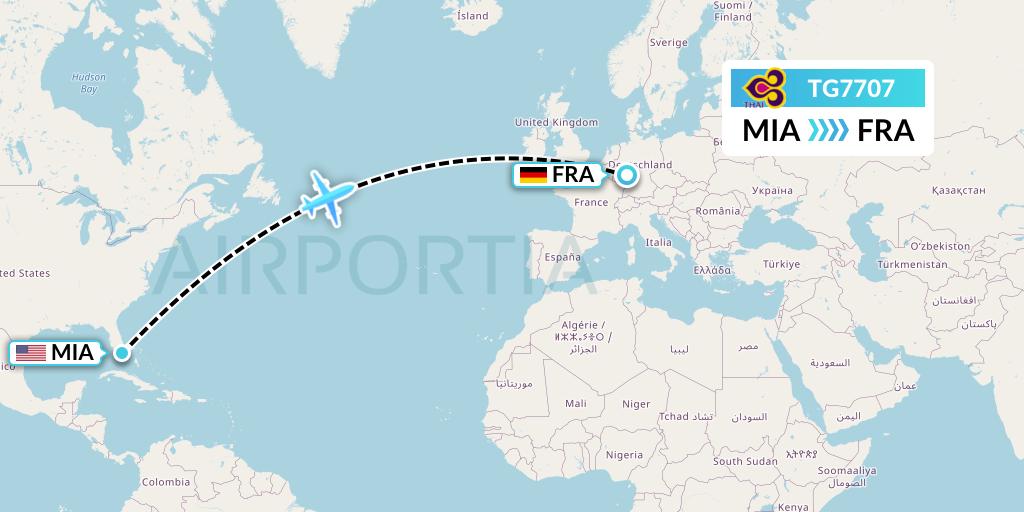 TG7707 Thai Airways Flight Map: Miami to Frankfurt