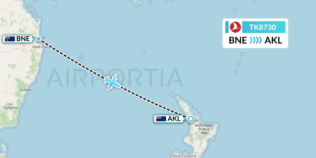 TK8730 Turkish Airlines Flight Map: Brisbane to Auckland