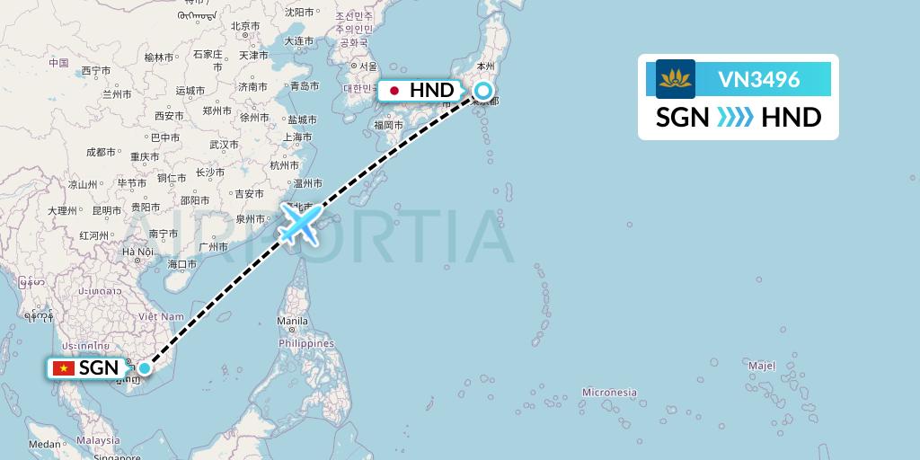 VN3496 Vietnam Airlines Flight Map: Ho Chi Minh City to Tokyo