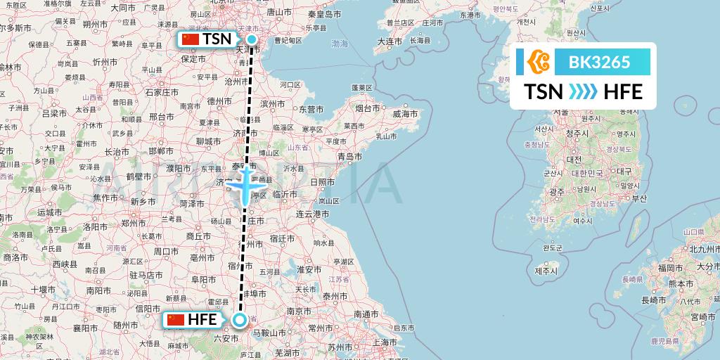 BK3265 Okay Airways Flight Map: Tianjin to Hefei