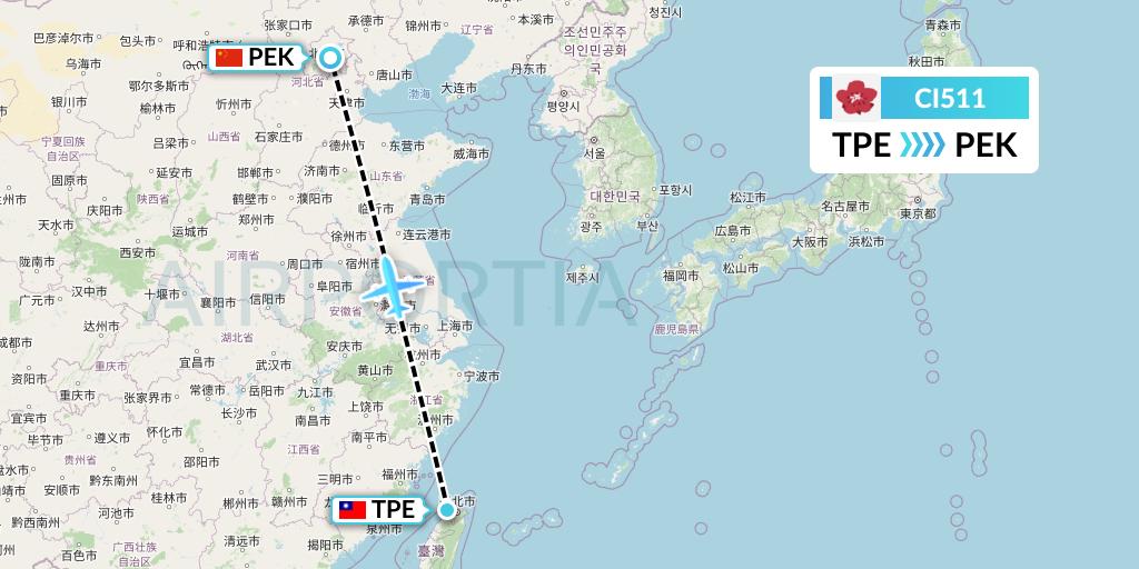 CI511 China Airlines Flight Map: Taipei to Beijing