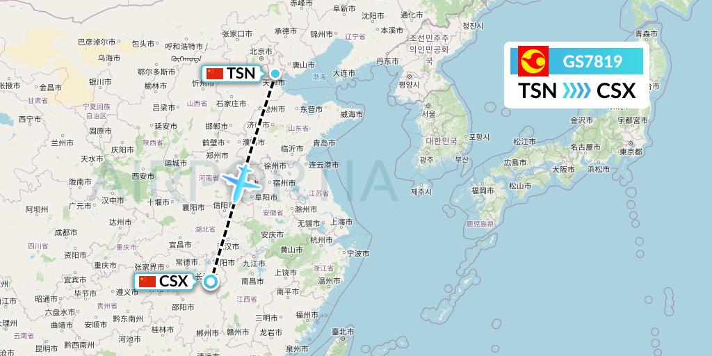 GS7819 Tianjin Airlines Flight Map: Tianjin to Changsha