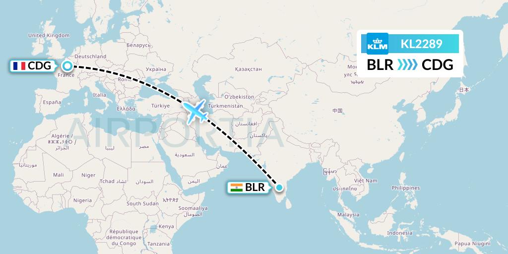 KL2289 KLM Flight Map: Bangalore to Paris