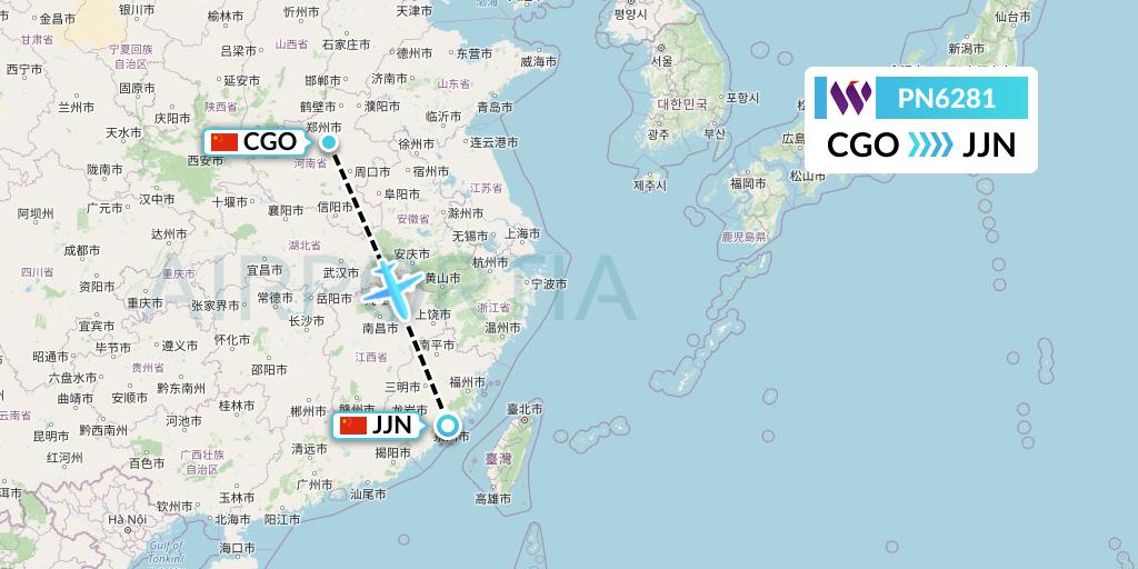 PN6281 China West Air Flight Map: Zhengzhou to Jinjiang