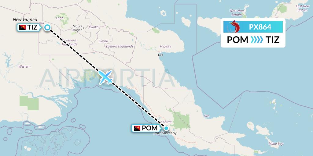 PX864 Air Niugini Flight Map: Port Moresby to Tari