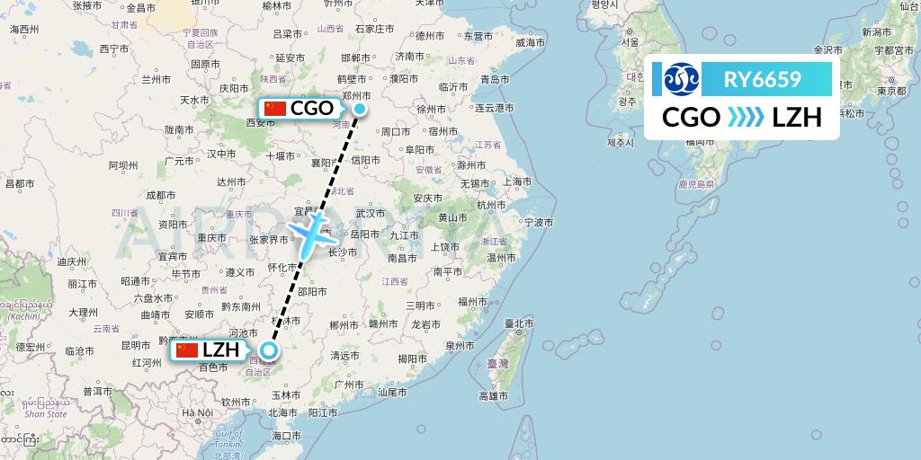 RY6659 Jiangxi Air Flight Map: Zhengzhou to Liuzhou