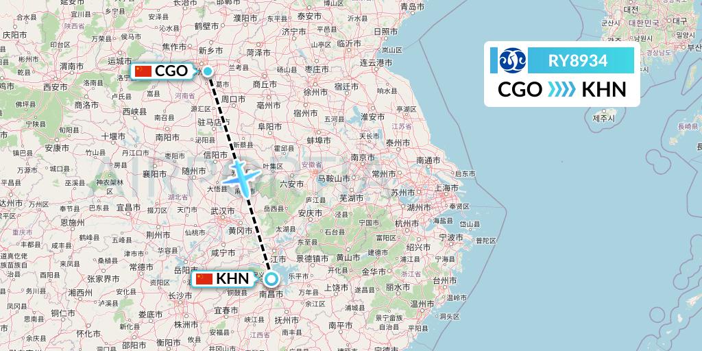 RY8934 Jiangxi Air Flight Map: Zhengzhou to Nanchang