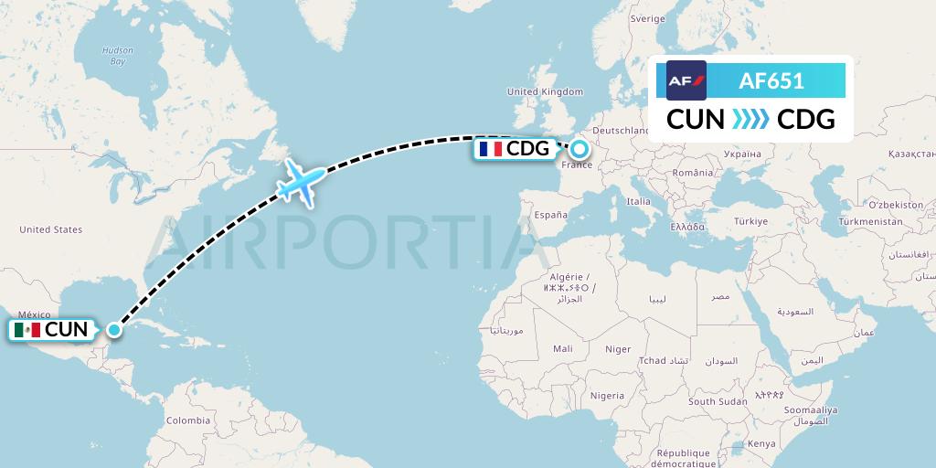 AF651 Air France Flight Map: Cancun to Paris