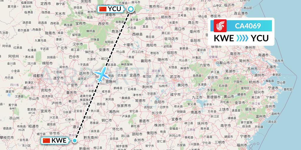 CA4069 Air China Flight Map: Guiyang to Yuncheng