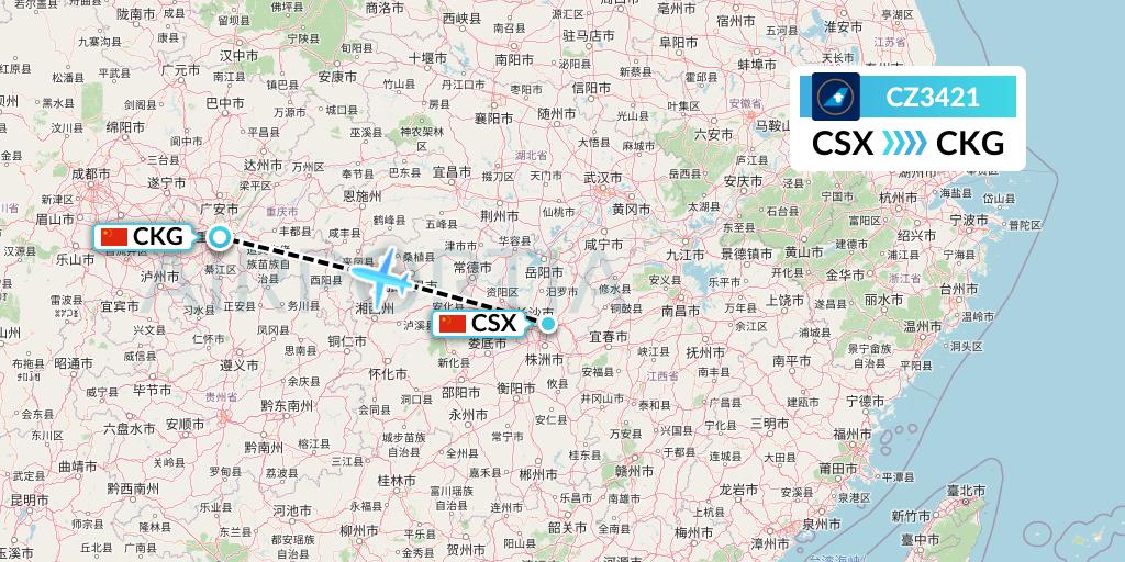 CZ3421 China Southern Airlines Flight Map: Changsha to Chongqing