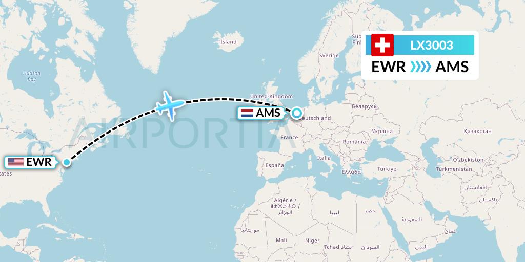 LX3003 Swiss Flight Map: New York to Amsterdam