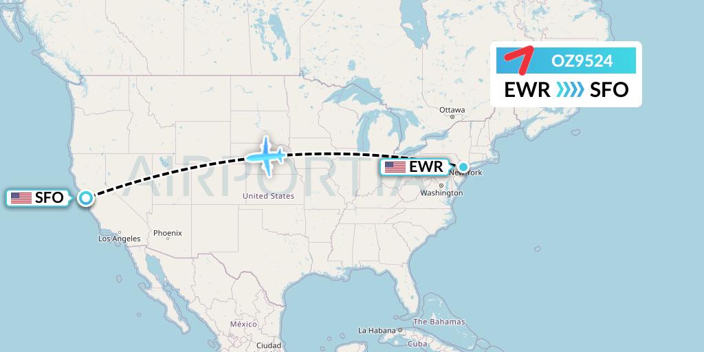 OZ9524 Asiana Airlines Flight Map: New York to San Francisco