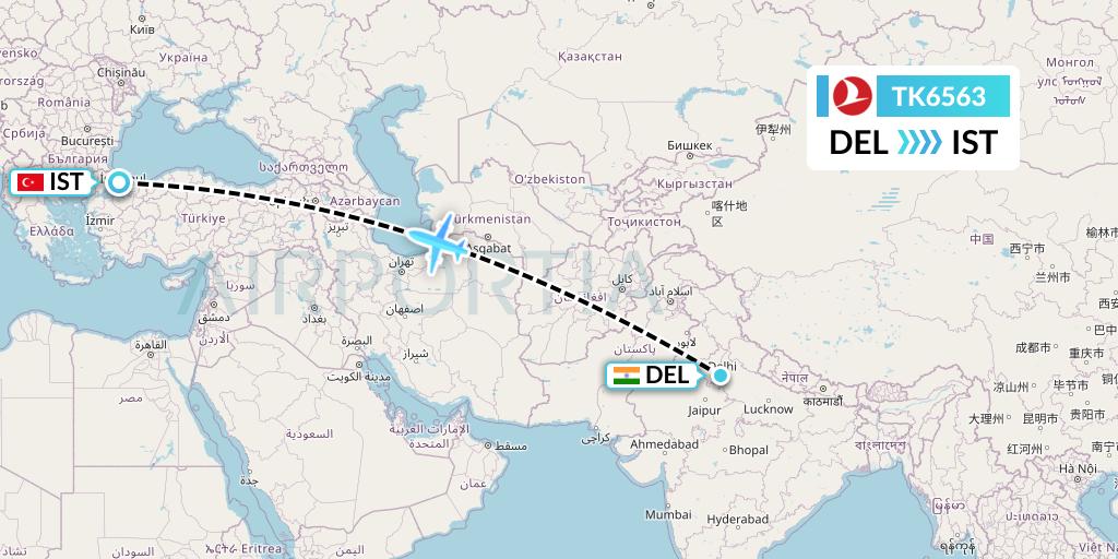 TK6563 Turkish Airlines Flight Map: Delhi to Istanbul