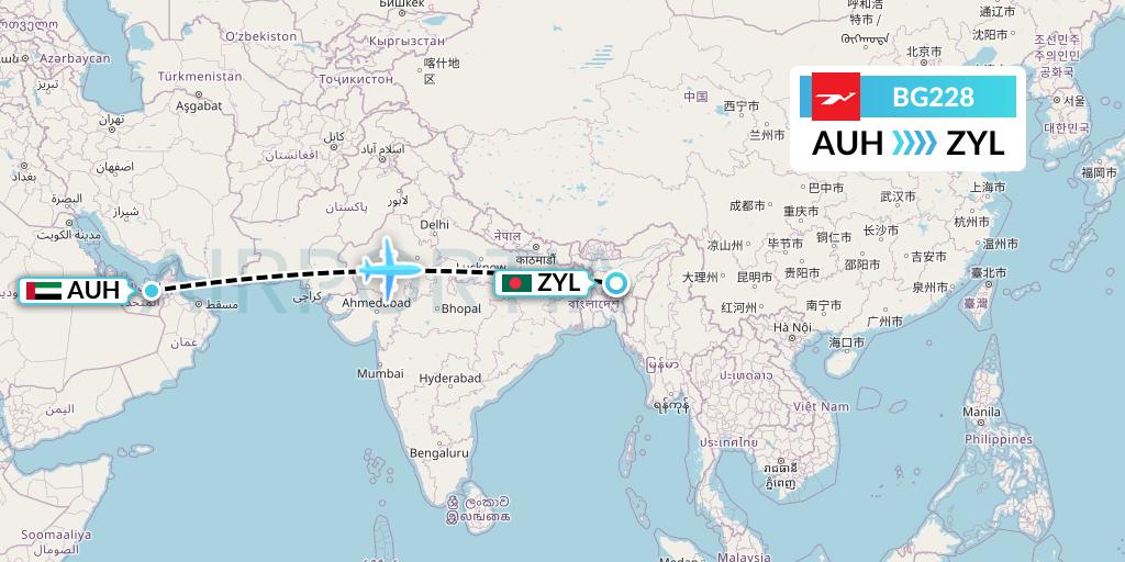 BG228 Biman Bangladesh Airlines Flight Map: Abu Dhabi to Sylhet