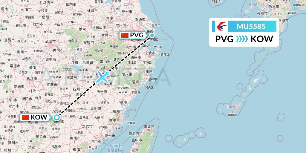 MU5585 China Eastern Airlines Flight Map: Shanghai to Ganzhou