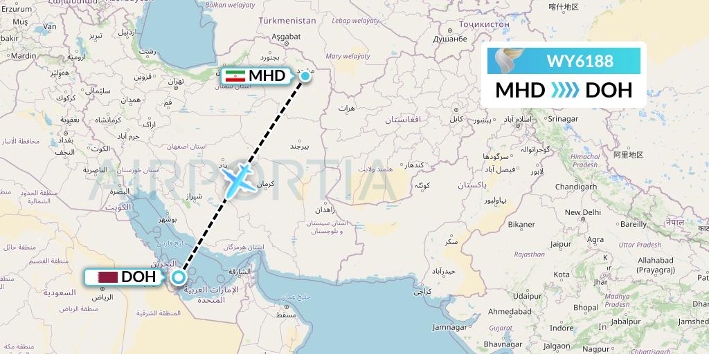 WY6188 Oman Air Flight Map: Mashhad to Doha
