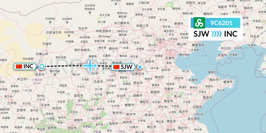 9C6201 Spring Airlines Flight Map: Shijiazhuang to Yinchuan