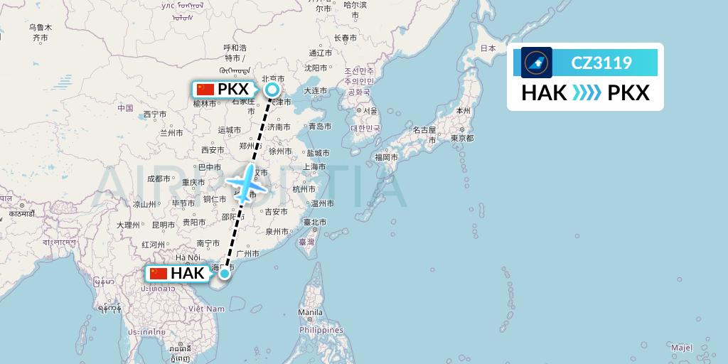 CZ3119 China Southern Airlines Flight Map: Haikou to Beijing