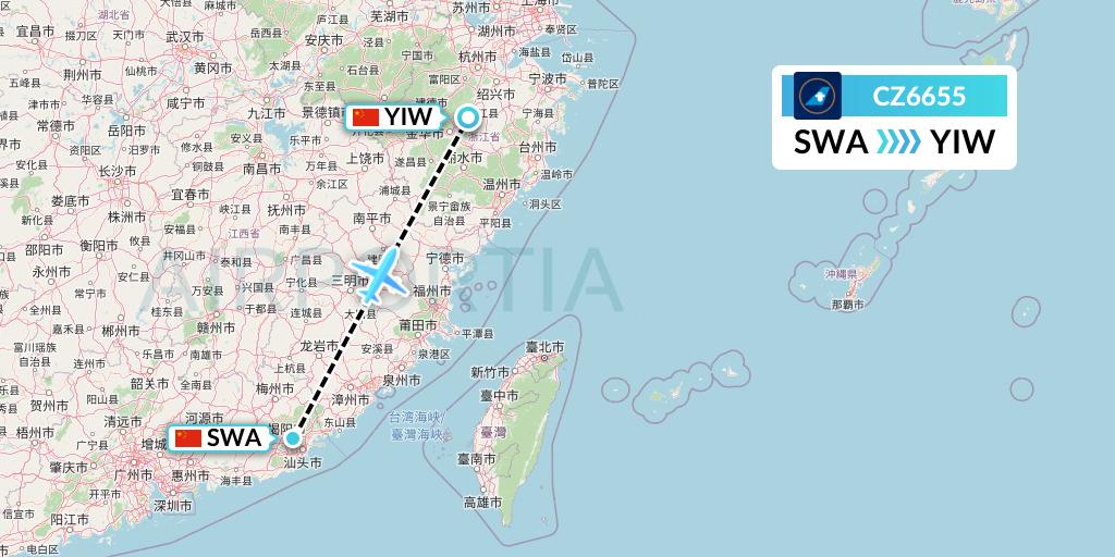 CZ6655 China Southern Airlines Flight Map: Jieyang to Yiwu