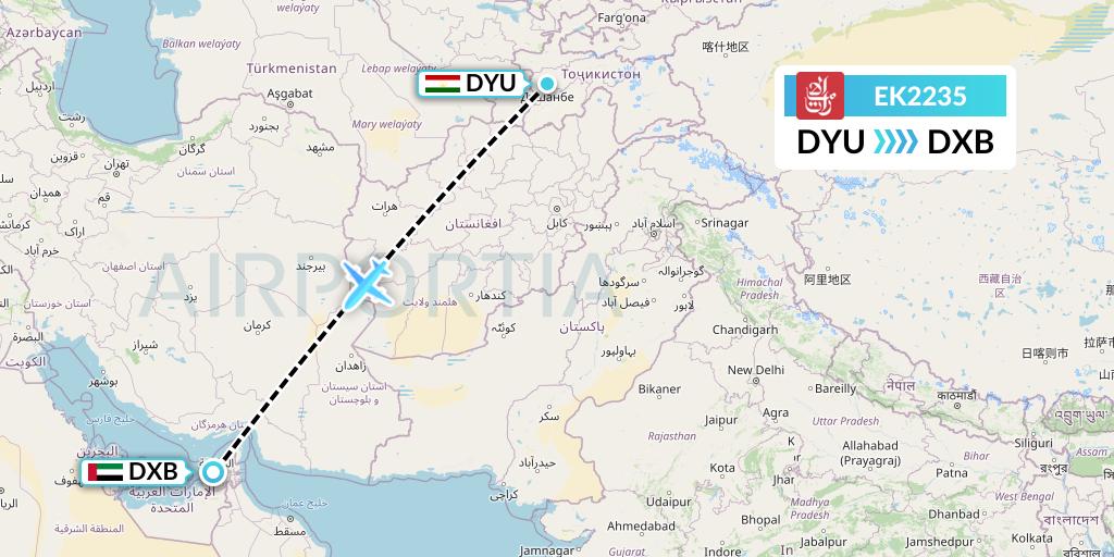 EK2235 Emirates Flight Map: Dushanbe to Dubai