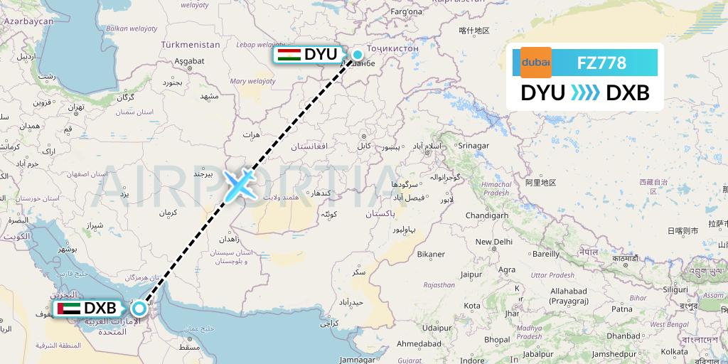 FZ778 FlyDubai Flight Map: Dushanbe to Dubai