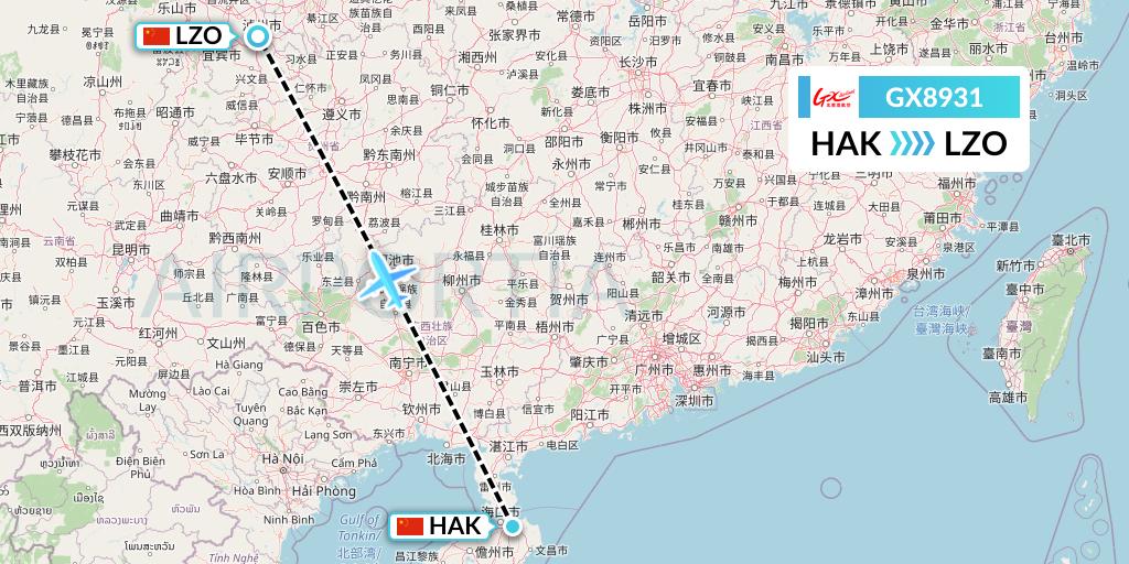 GX8931 GX Airlines Flight Map: Haikou to Luzhou