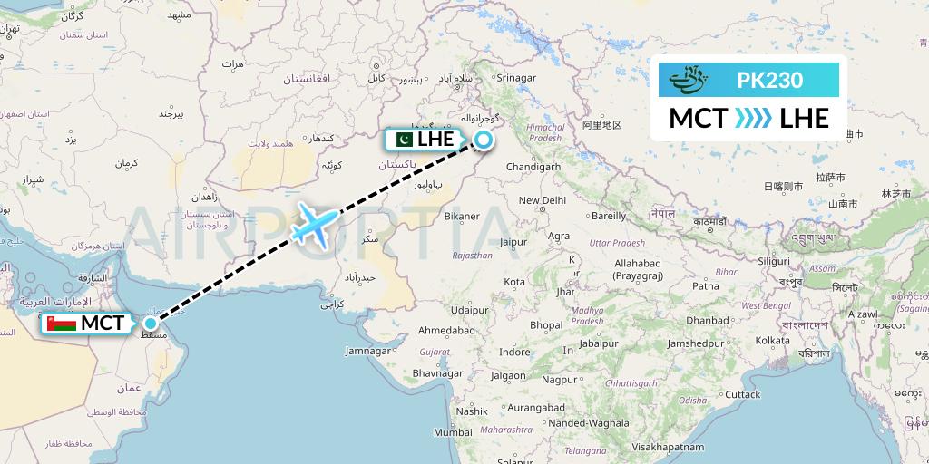 PK230 Pakistan International Airlines Flight Map: Muscat to Lahore
