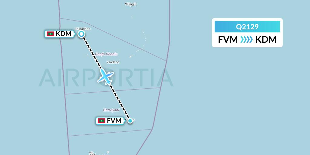 Q2129 Maldivian Flight Map: Fuvahmulah Island to Kaadedhdhoo Island