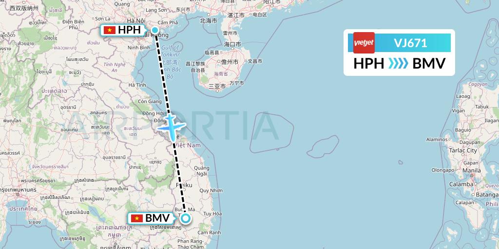 VJ671 VietJet Air Flight Map: Haiphong to Buon Ma Thuot
