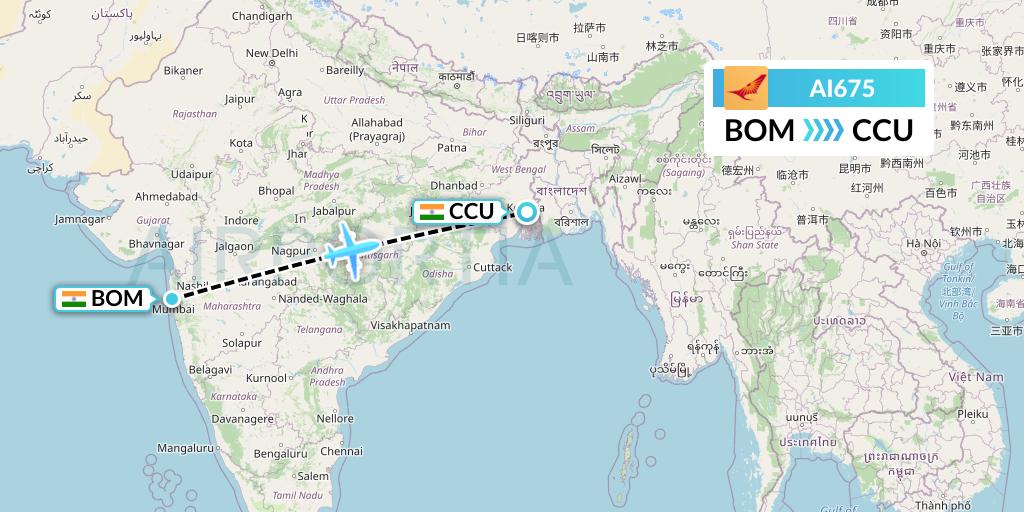 AI675 Air India Flight Map: Mumbai to Kolkata