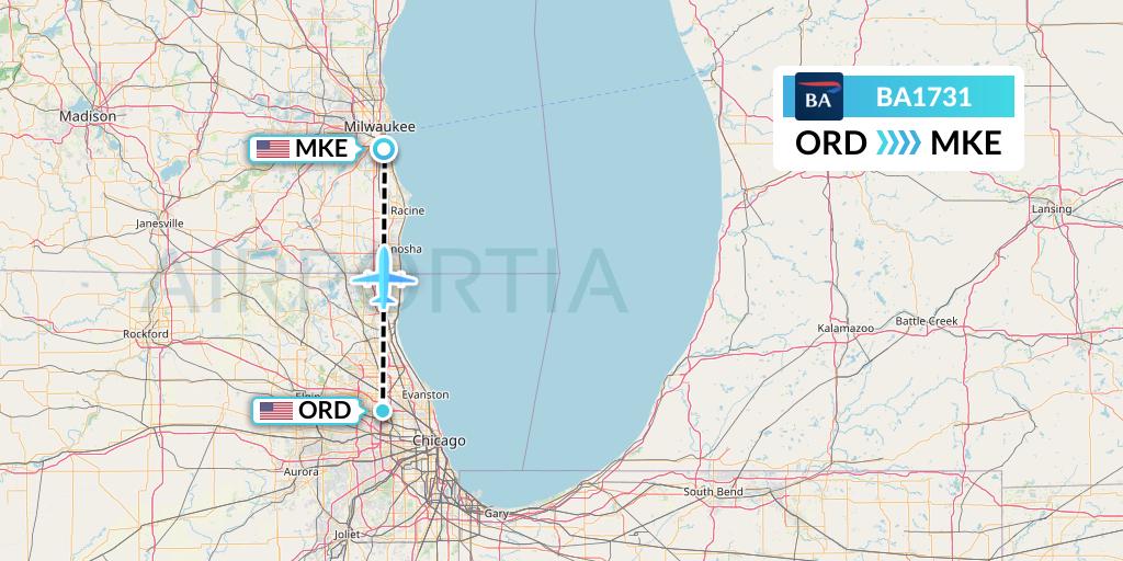 BA1731 British Airways Flight Map: Chicago to Milwaukee