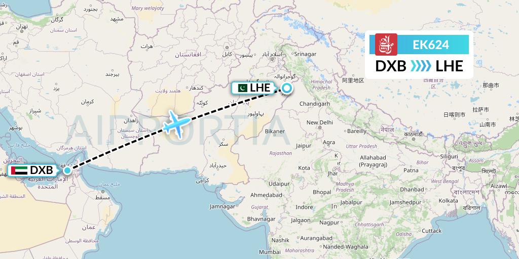 EK624 Emirates Flight Map: Dubai to Lahore