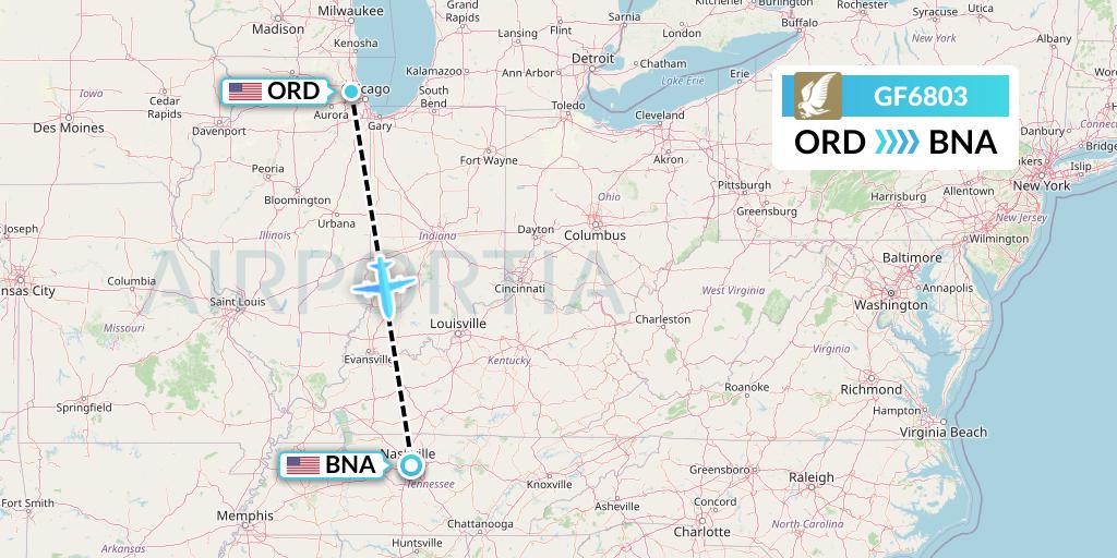 GF6803 Gulf Air Flight Map: Chicago to Nashville