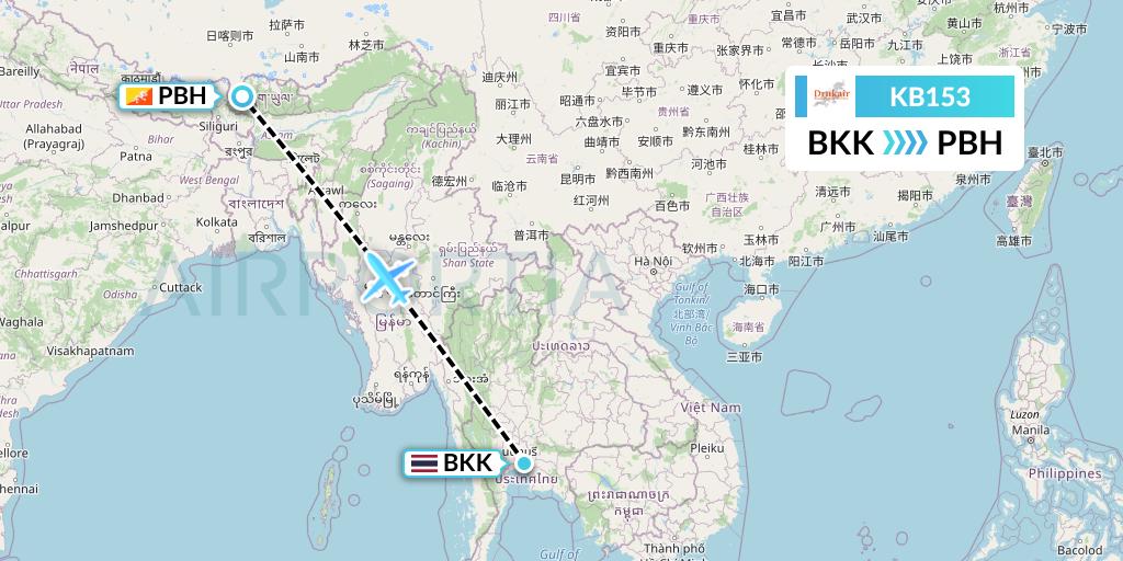 KB153 Druk Air Flight Map: Bangkok to Paro